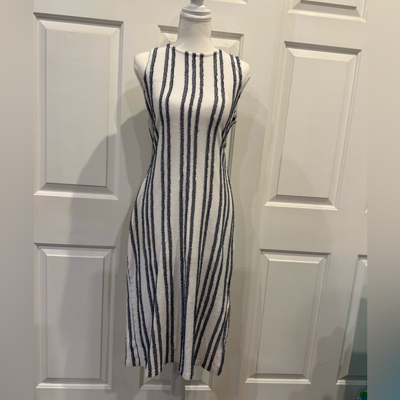 LOFT Textured Stripe Midi Dress Small Neutral Sleeveless Tie Waist - Picture 3 of 10